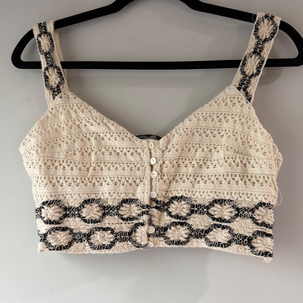 Zara Crochet Crop Top Womens Small Cream Black Button Front Boho Embroidered